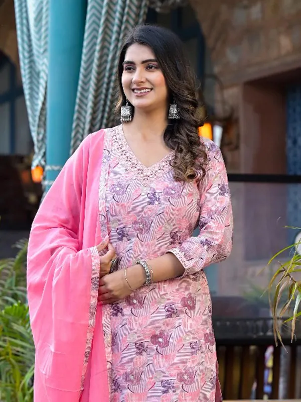 Pink cotton silk printed kurti set for women