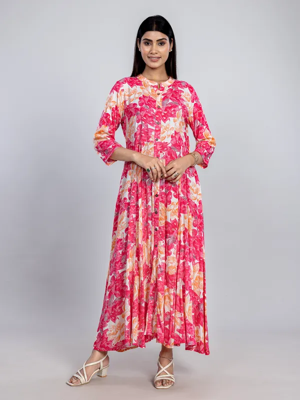 Pink cotton silk printed long kurti