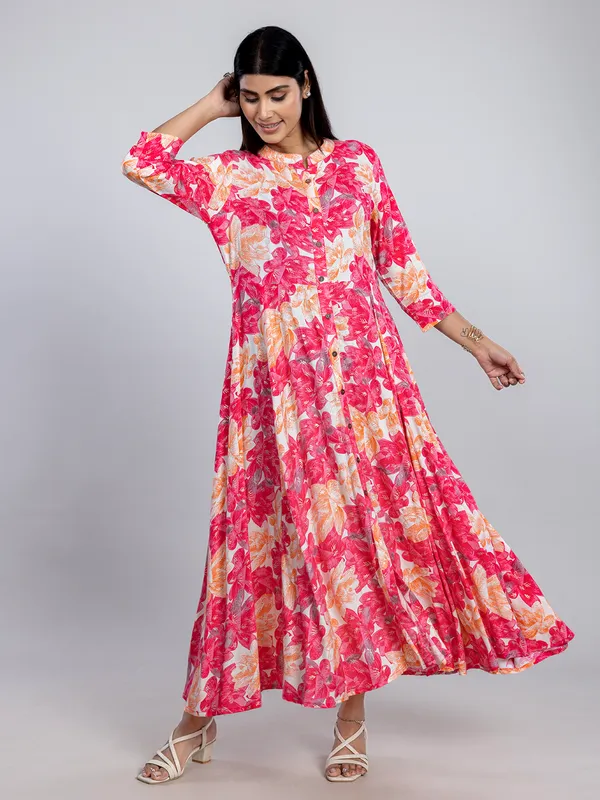 Pink cotton silk printed long kurti