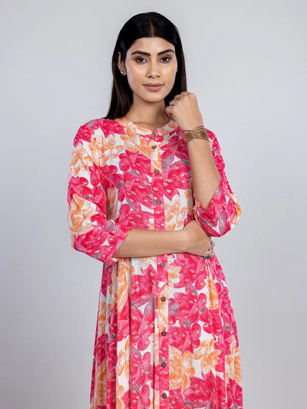 Pink cotton silk printed long kurti