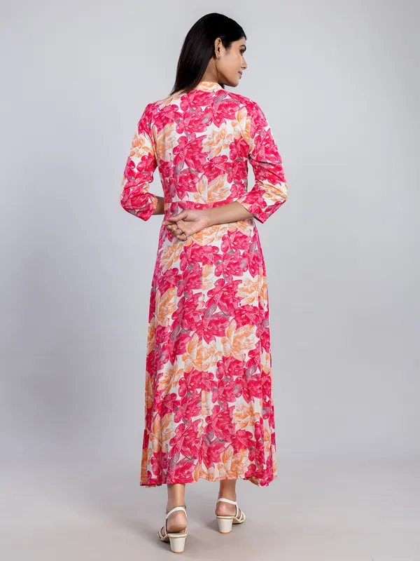Pink cotton silk printed long kurti