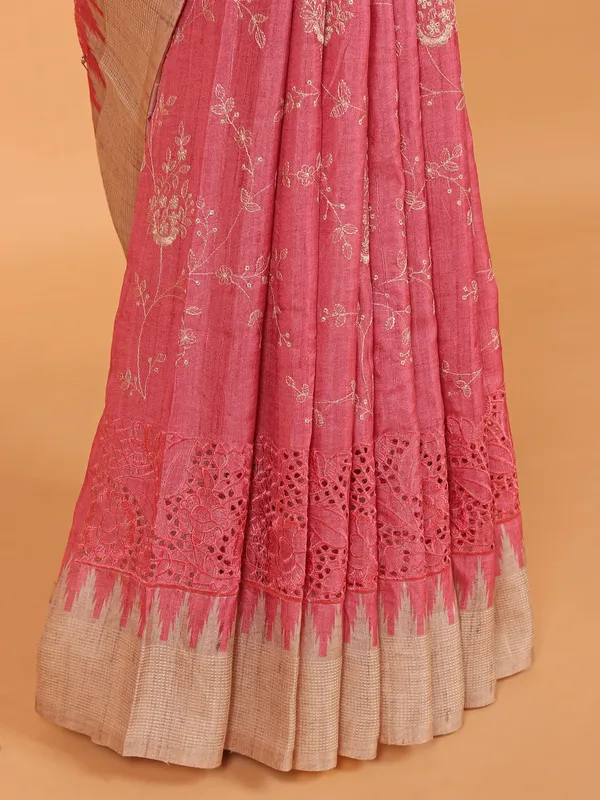 Pink cotton silk printed saree for women