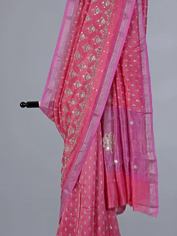 Pink cotton silk saree with aabla work