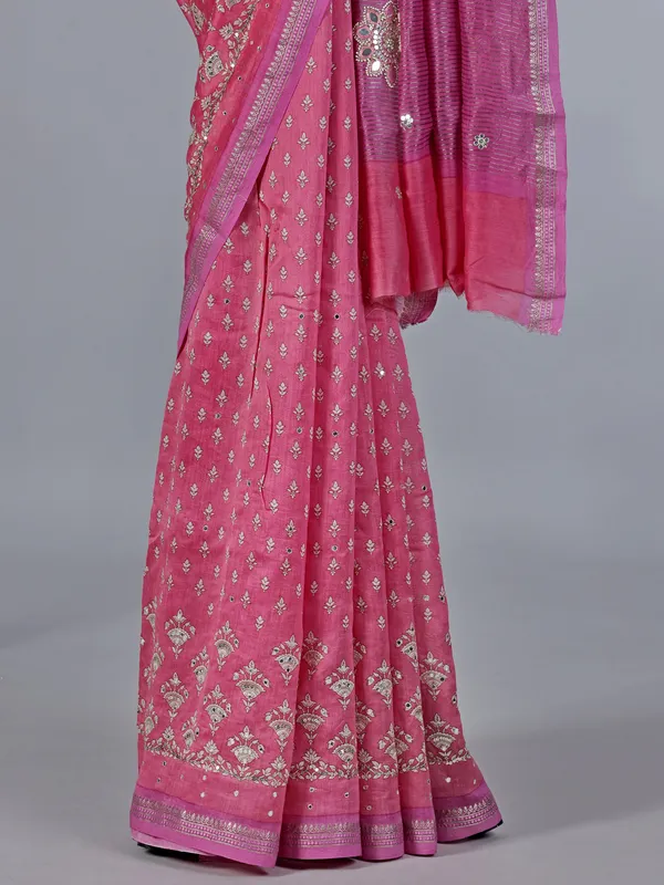 Pink cotton silk saree with aabla work