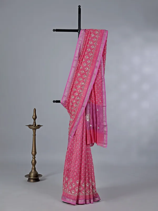 Pink cotton silk saree with aabla work