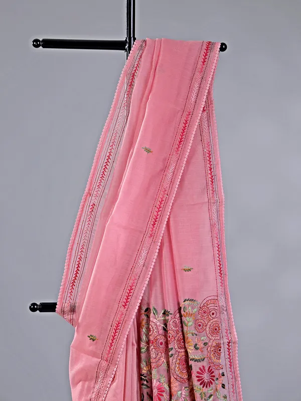 Pink cotton silk saree with thread weaving