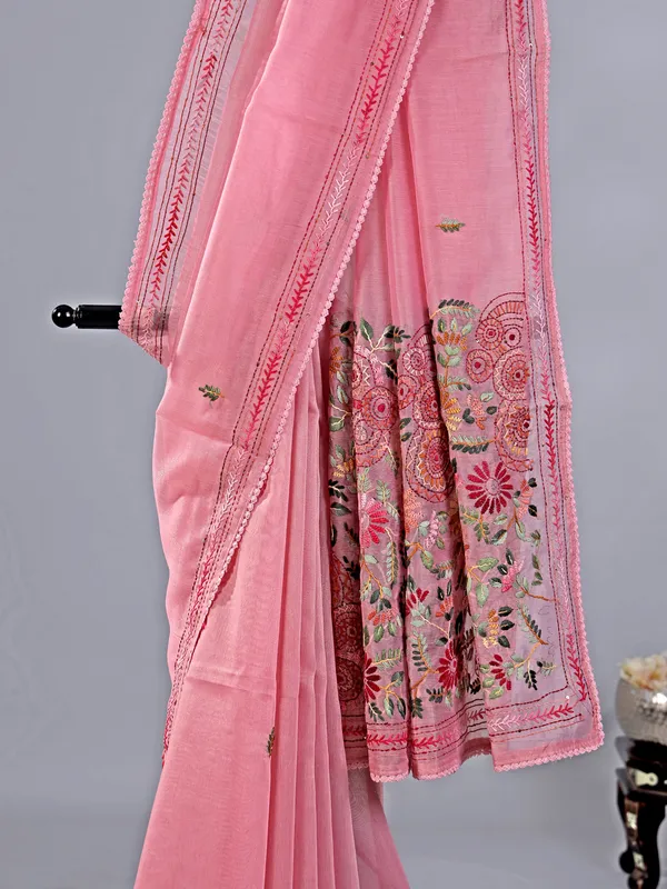 Pink cotton silk saree with thread weaving