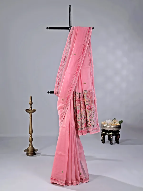 Pink cotton silk saree with thread weaving