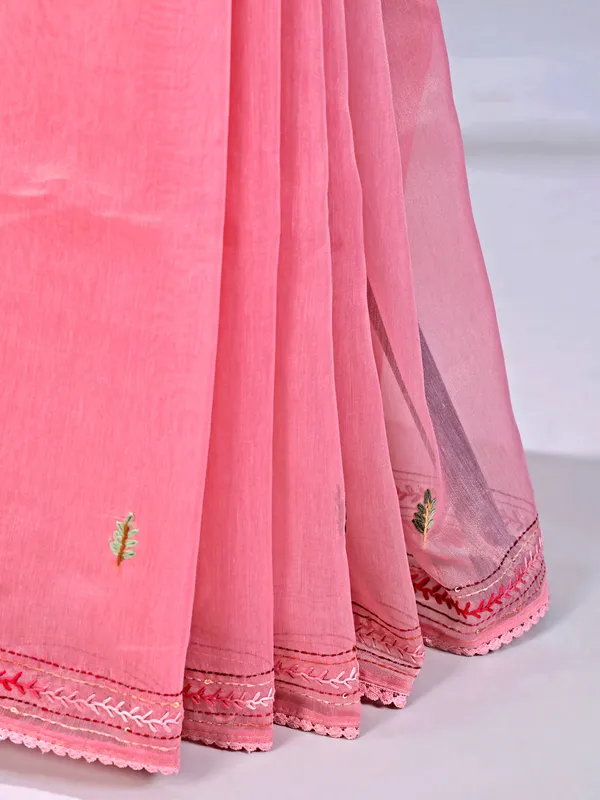 Pink cotton silk saree with thread weaving