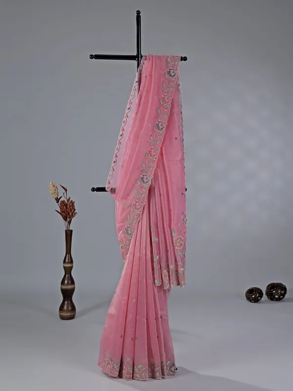 Pink cotton silk saree with thread work