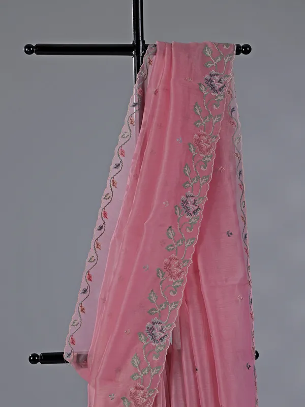 Pink cotton silk saree with thread work