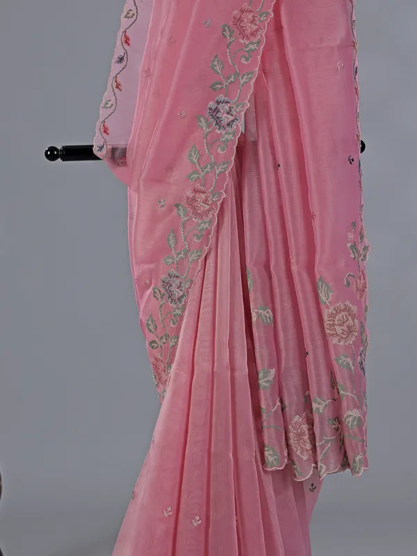 Pink cotton silk saree with thread work