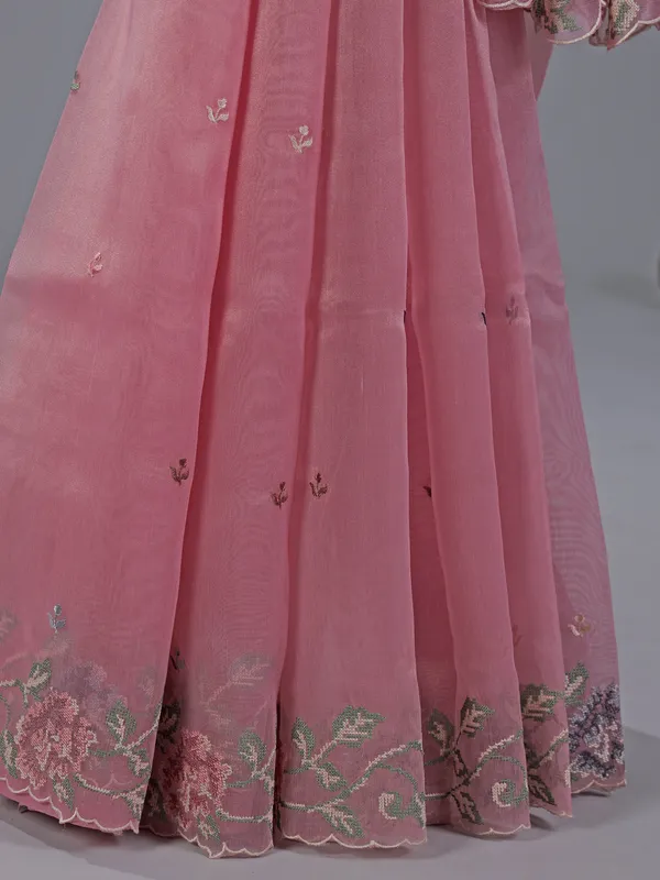 Pink cotton silk saree with thread work