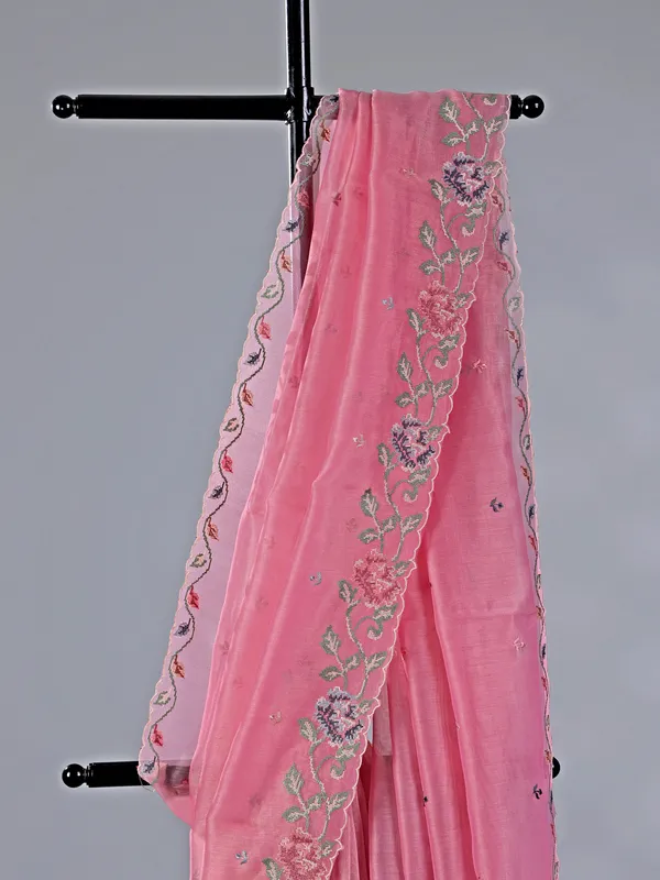 Pink cotton silk saree with thread work