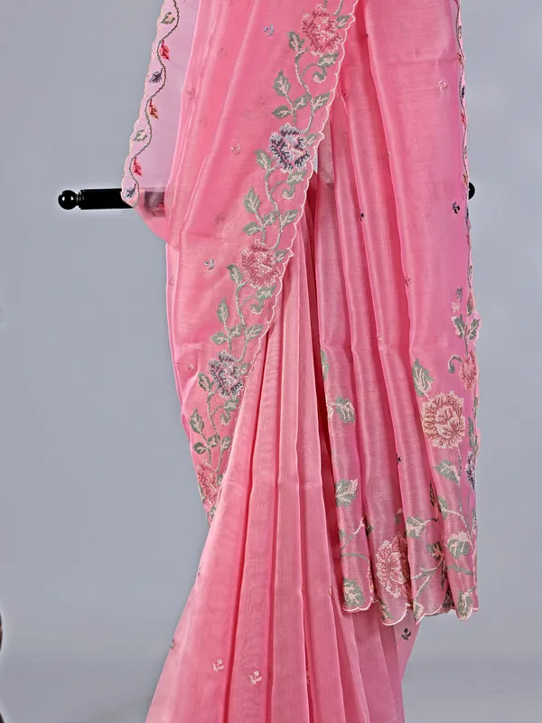 Pink cotton silk saree with thread work