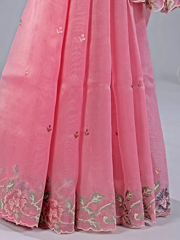 Pink cotton silk saree with thread work