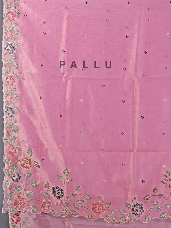 Pink cotton silk saree with thread work