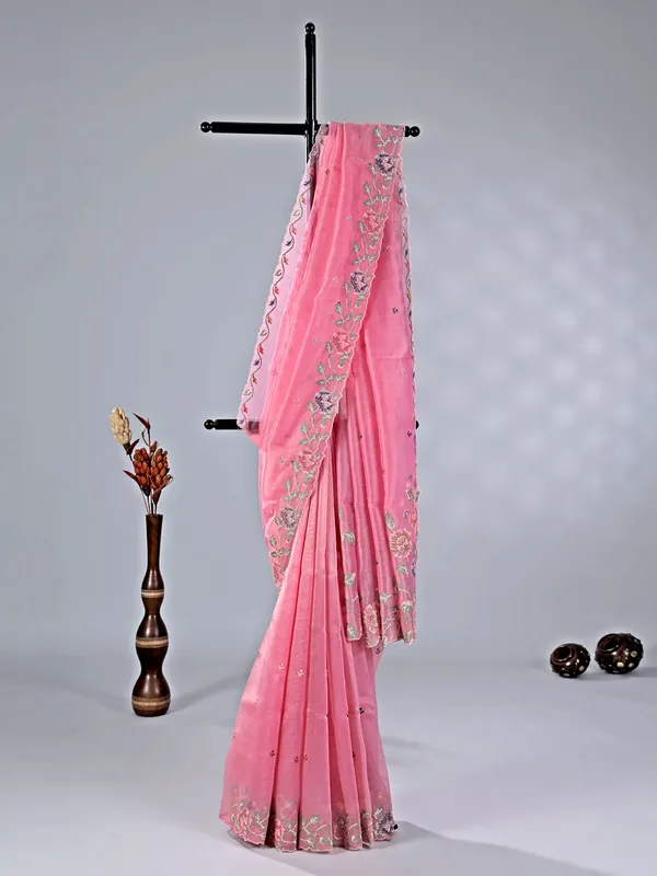 Pink cotton silk saree with thread work