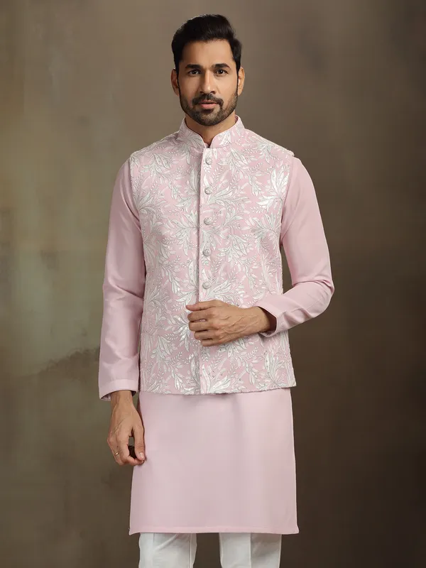 Pink cotton silk sequin waistcoat set