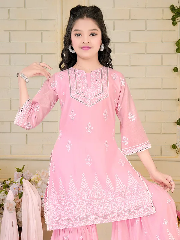 Pink cotton silk sharara salwar suit with dupatta set