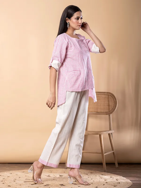 Pink cotton silk striped co ord set