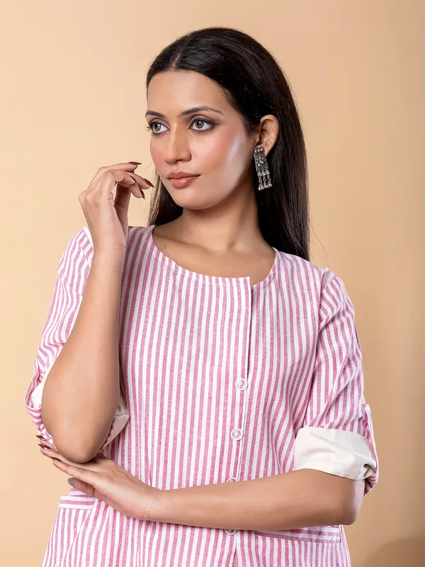 Pink cotton silk striped co ord set