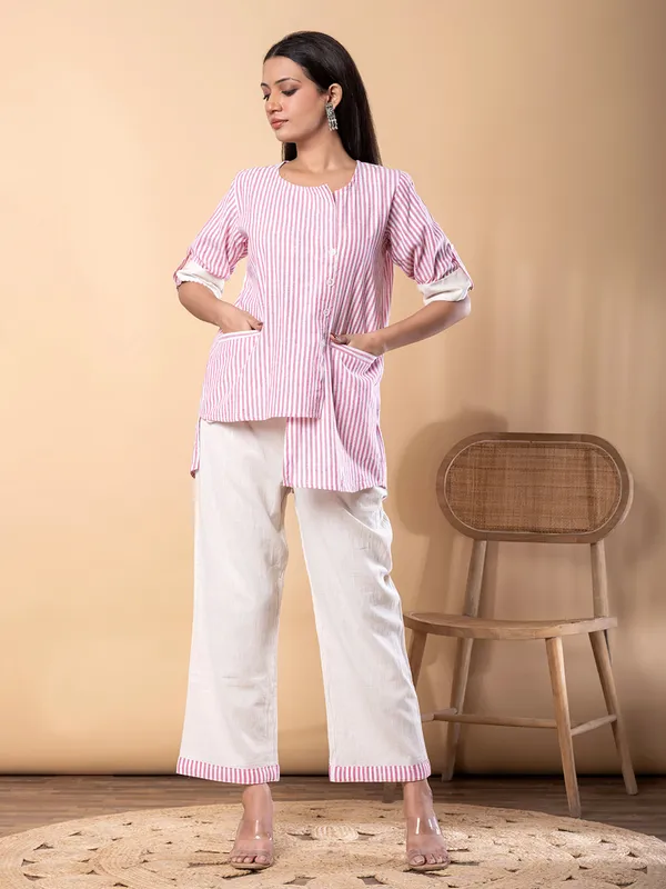 Pink cotton silk striped co ord set