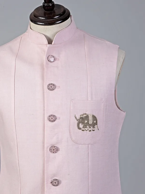 Pink cotton silk waistcoat with work on pocket