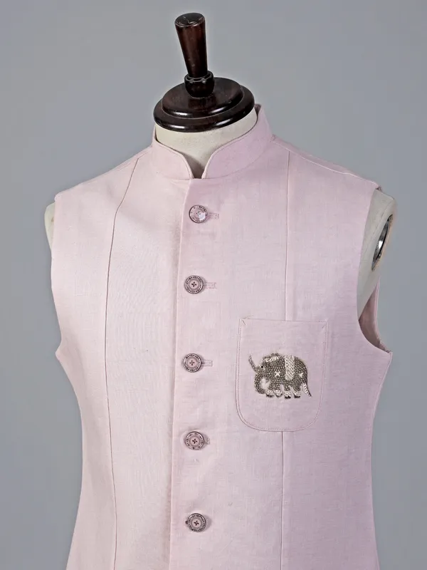 Pink cotton silk waistcoat with work on pocket