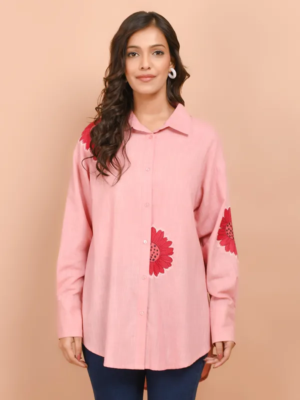 Pink cotton top for women with thread work