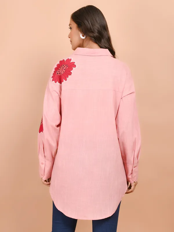Pink cotton top for women with thread work