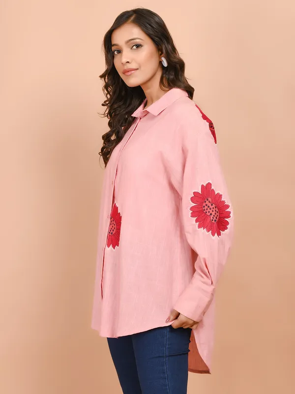 Pink cotton top for women with thread work