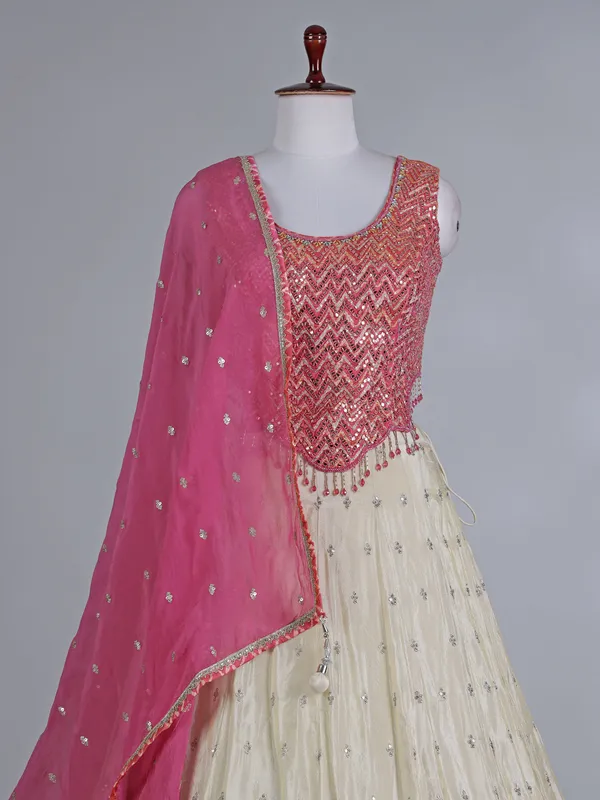 Pink cream round neck silk wedding lehenga choli
