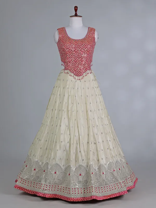 Pink cream round neck silk wedding lehenga choli