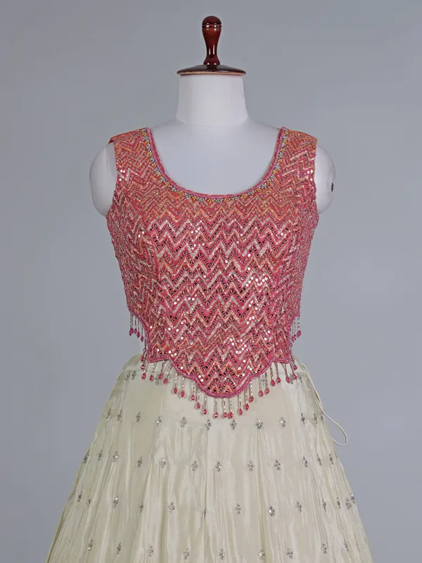 Pink cream round neck silk wedding lehenga choli