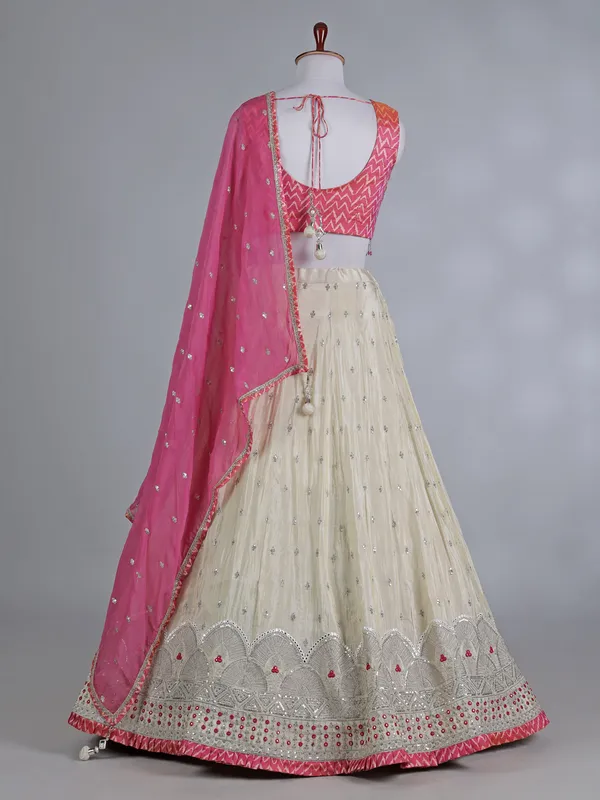 Pink cream round neck silk wedding lehenga choli