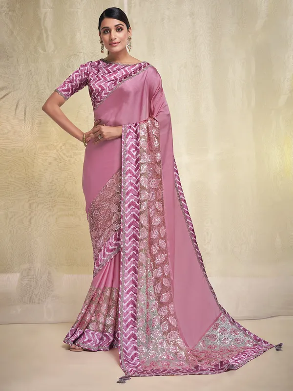Pink crepe and georgette saree