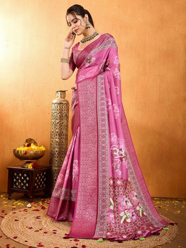 Pink crepe silk festive wear saree