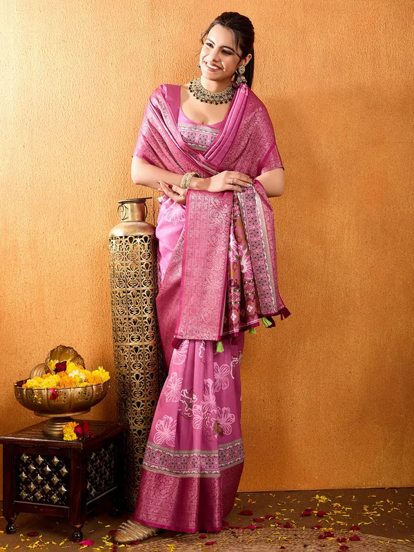 Pink crepe silk festive wear saree