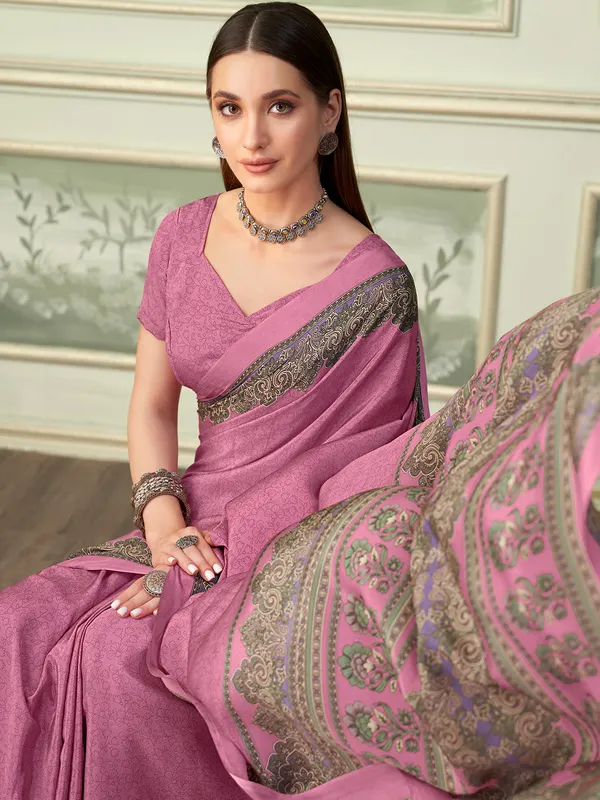 Pink crepe saree for casual wear for women