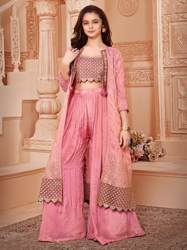 Pink crop top jacket style palazzo suit for girls