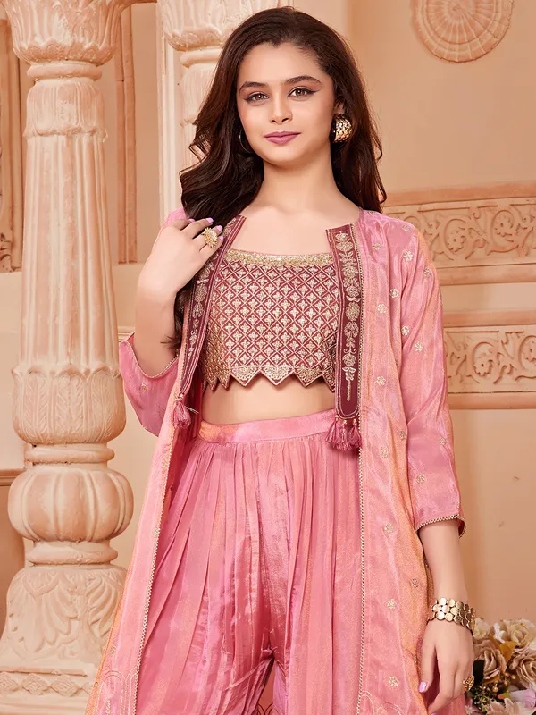 Pink crop top jacket style palazzo suit for girls