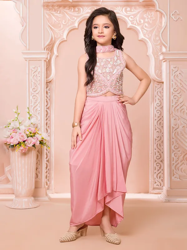 Pink designer satin silk sleeveless indo western suit