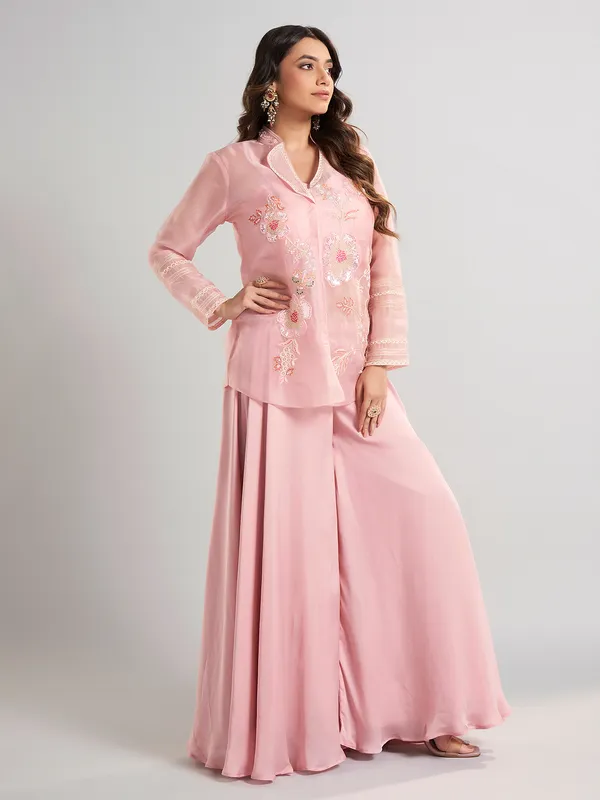 Pink designer tissue and satin silk palazzo suit