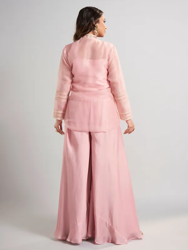 Pink designer tissue and satin silk palazzo suit