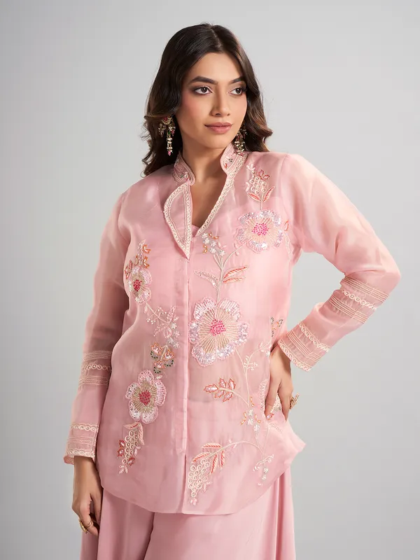 Pink designer tissue and satin silk palazzo suit