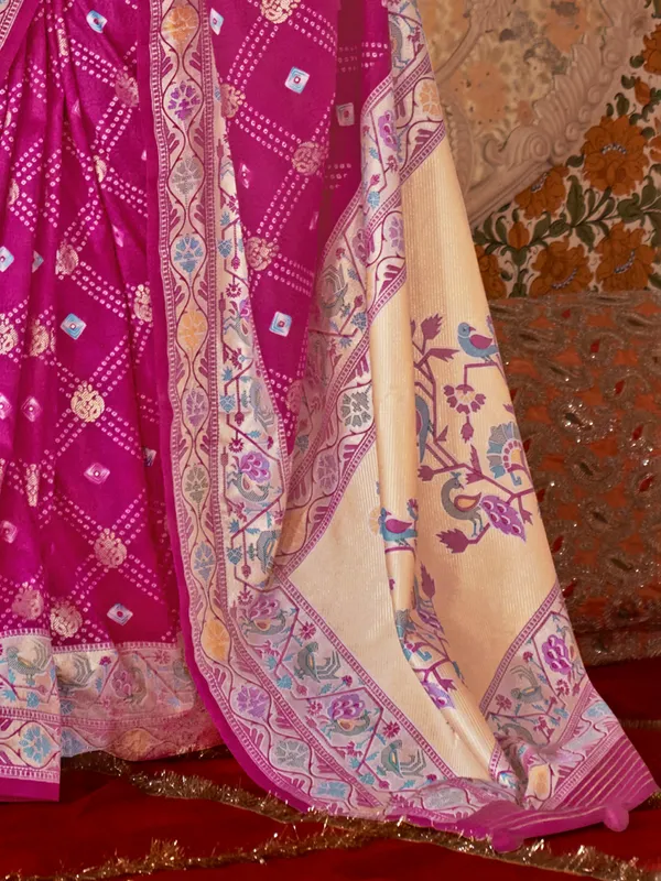 Pink digital prints silk saree for women