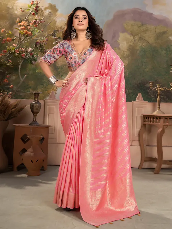 Pink dola silk zari weaving saree