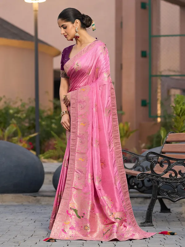 Pink dola silk saree with stones zari weaving
