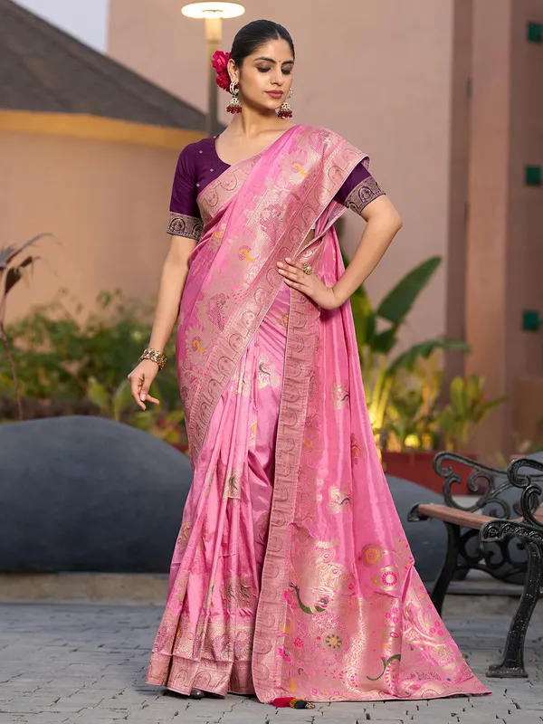 Pink dola silk saree with stones zari weaving